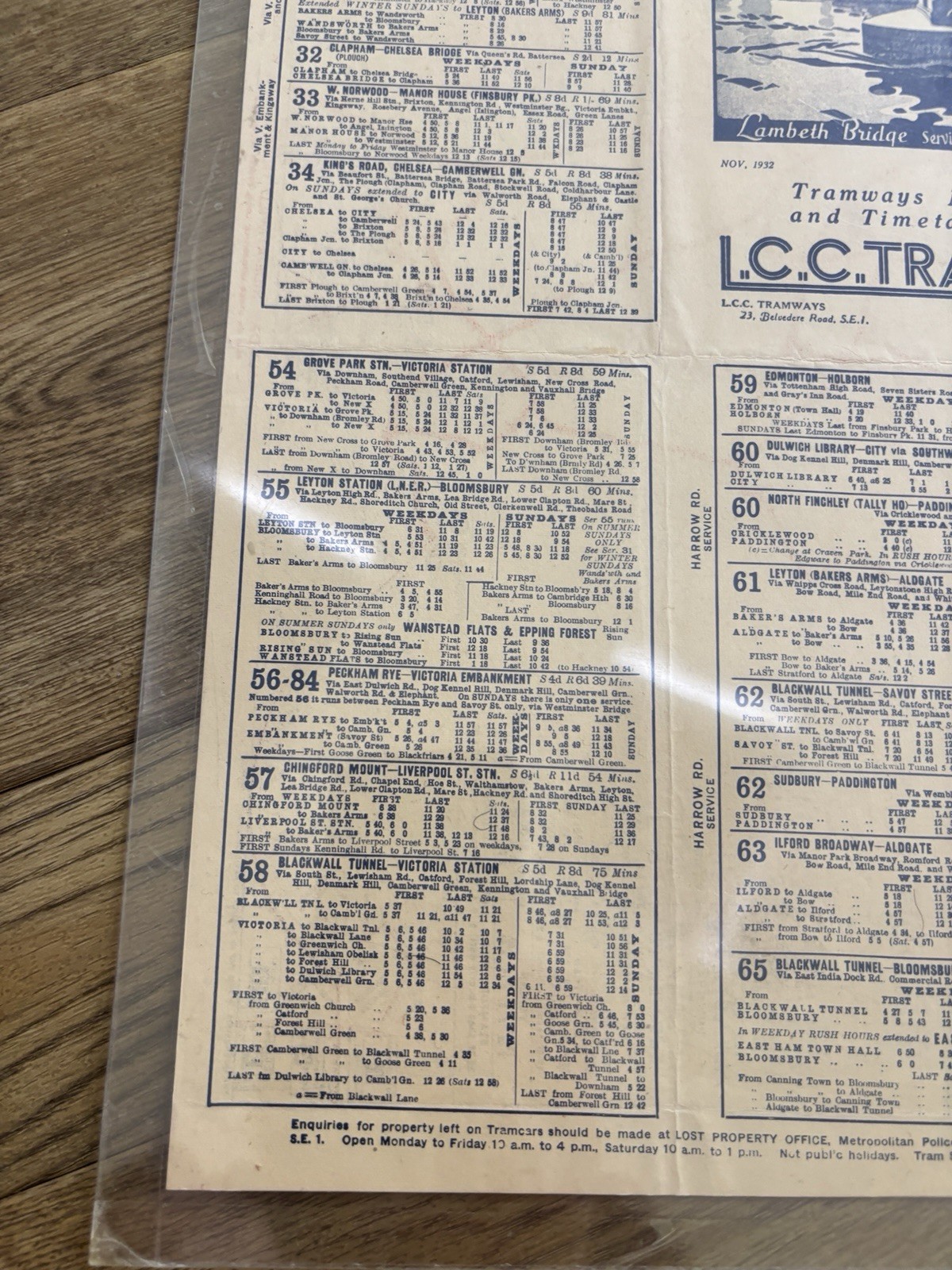1932 LCC Trams Map Timetable London County Council Tramways Original Nov