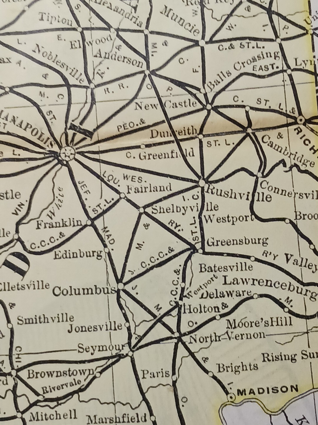 1891 Antique Railroad Map ILLINOIS & INDIANA all Train Route lines Depots 11×9″