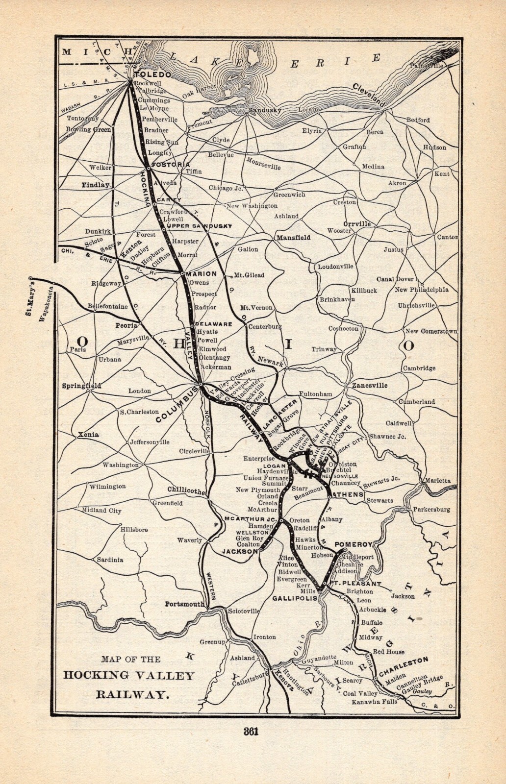 1901 Antique Hocking Valley Railway Map Vintage Railroad Map 381