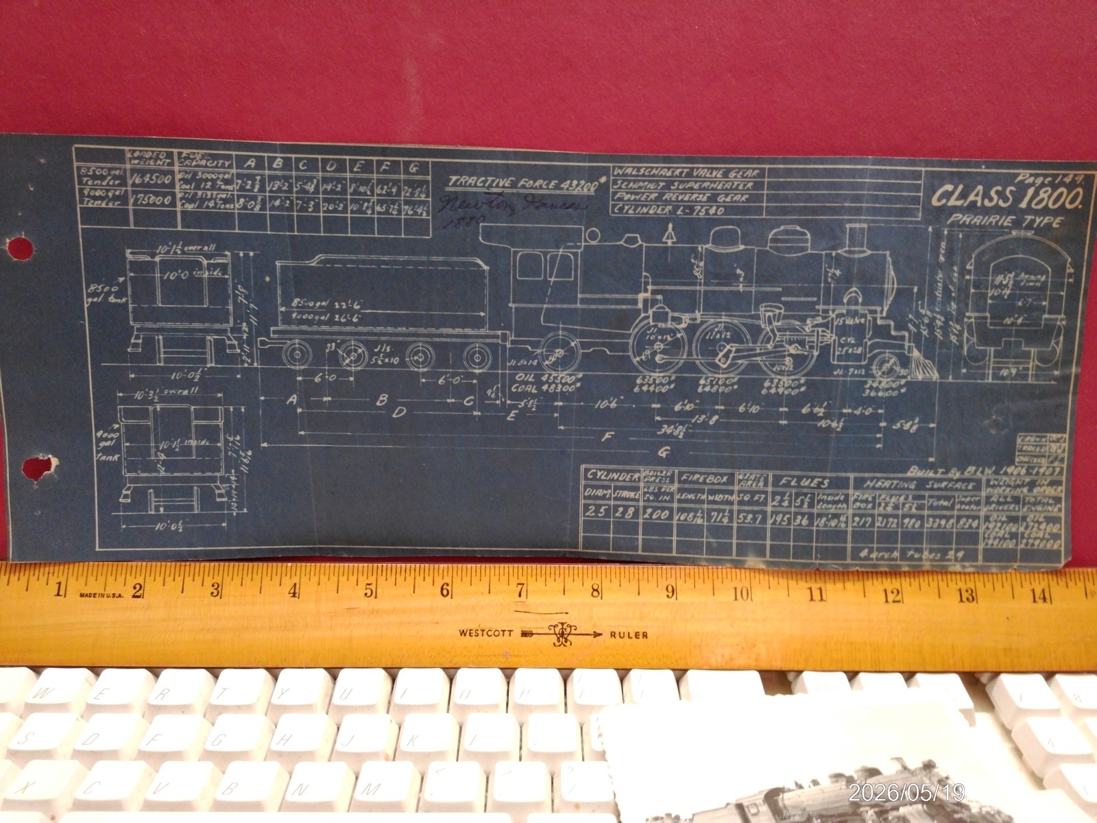 AT&SF RAILROAD ORIGINAL BLUEPRINT DATA DIAGRAM w 2 PHOTOS #1800 2-6-2 LOCOMOTIVE