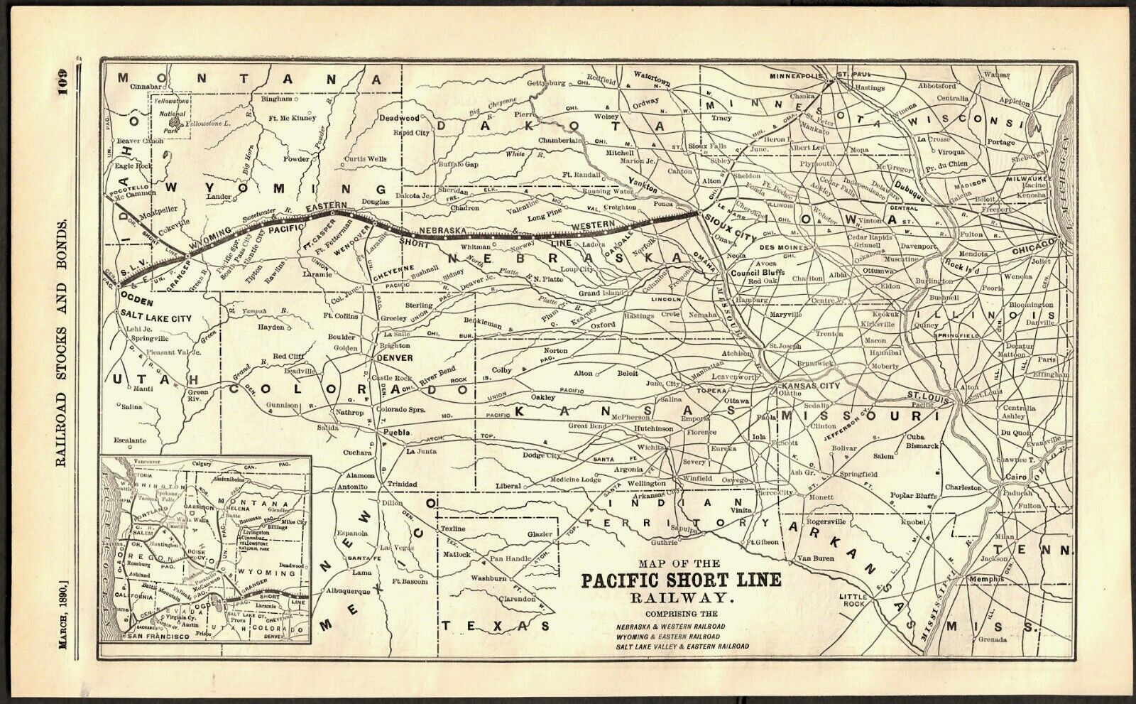 1890 MAP of the PACIFIC SHORT LINE RAILWAY ~ NEBRASKA & WESTERN, WYOMING EAST &
