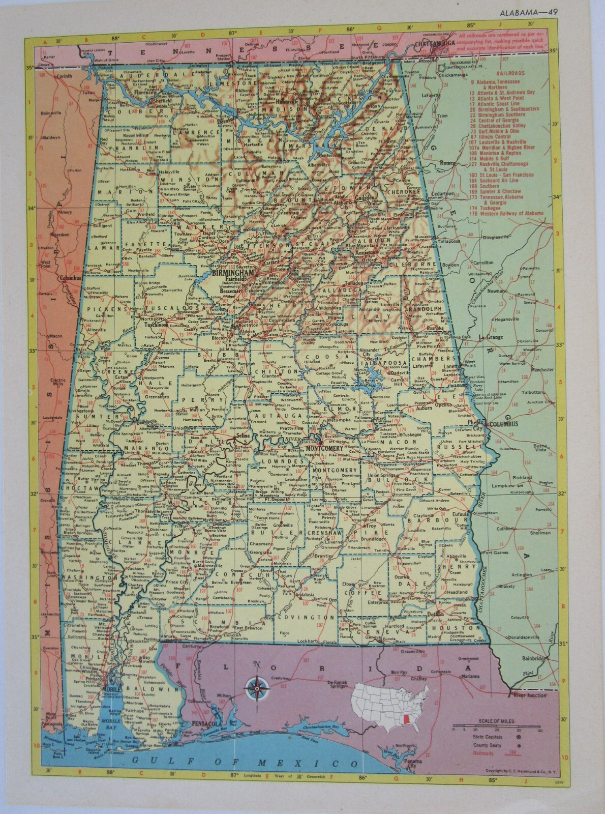 AL AZ Vintage 1952 ALABAMA RAILROAD Map. CHATTAHOOCHEE VALLEY RR or ARIZONA