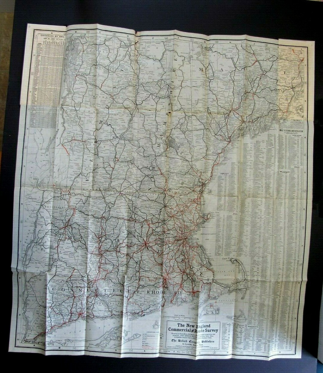 1910 New England Commercial & Route Survey Map Towns Populations Rail Fishing