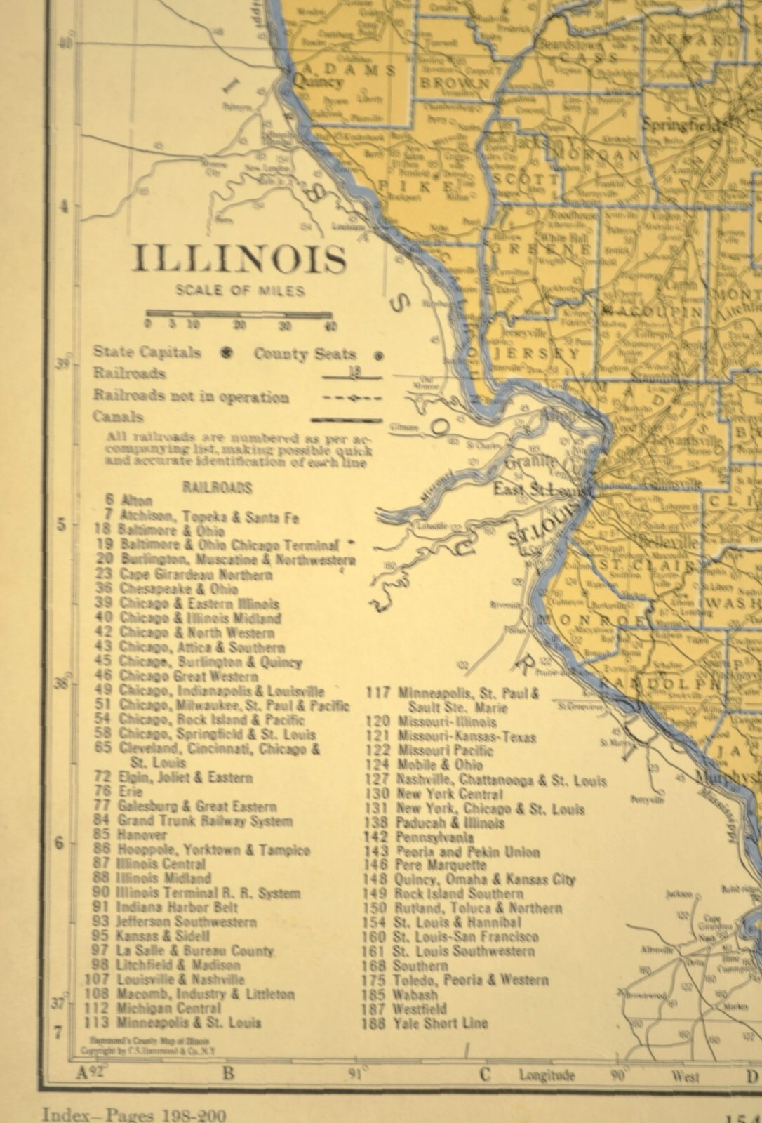 ca1939 ILLINOIS Railroad Map Depot Towns CBQ RR Historic Original Atlas Map
