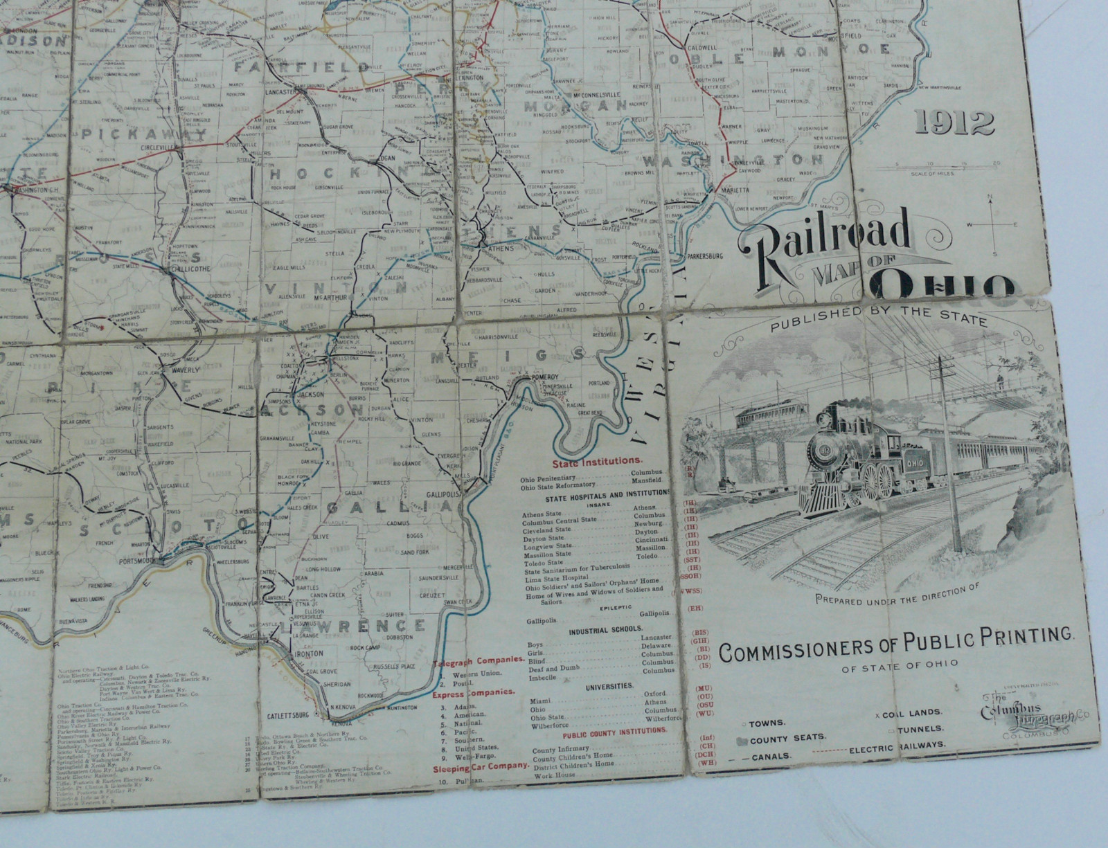 OHIO RAILROAD MAP 1912 FOLDING LINEN MAP STEAM ENGINES STATE