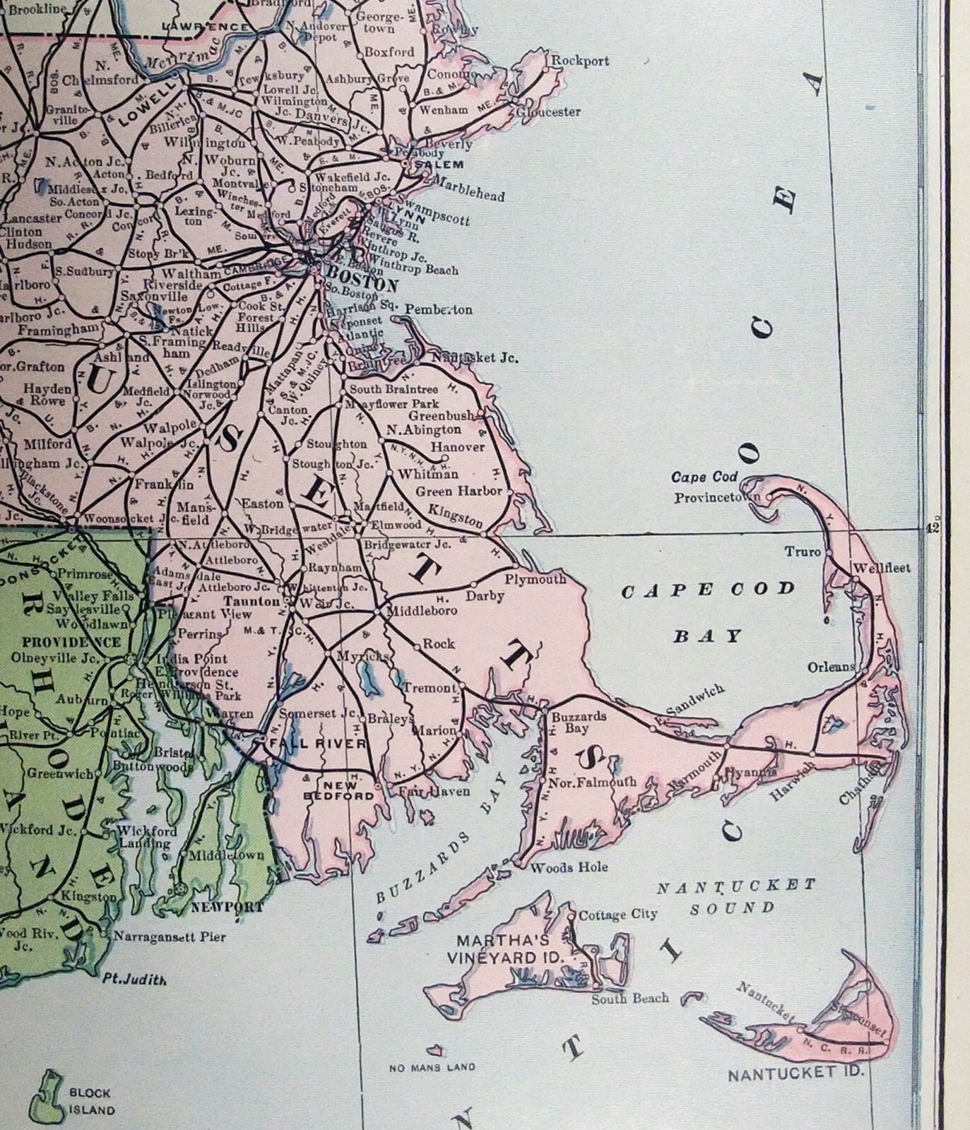 Original 1907 Railroad Map of Massachusetts Rhode Island & Connecticut. Antique