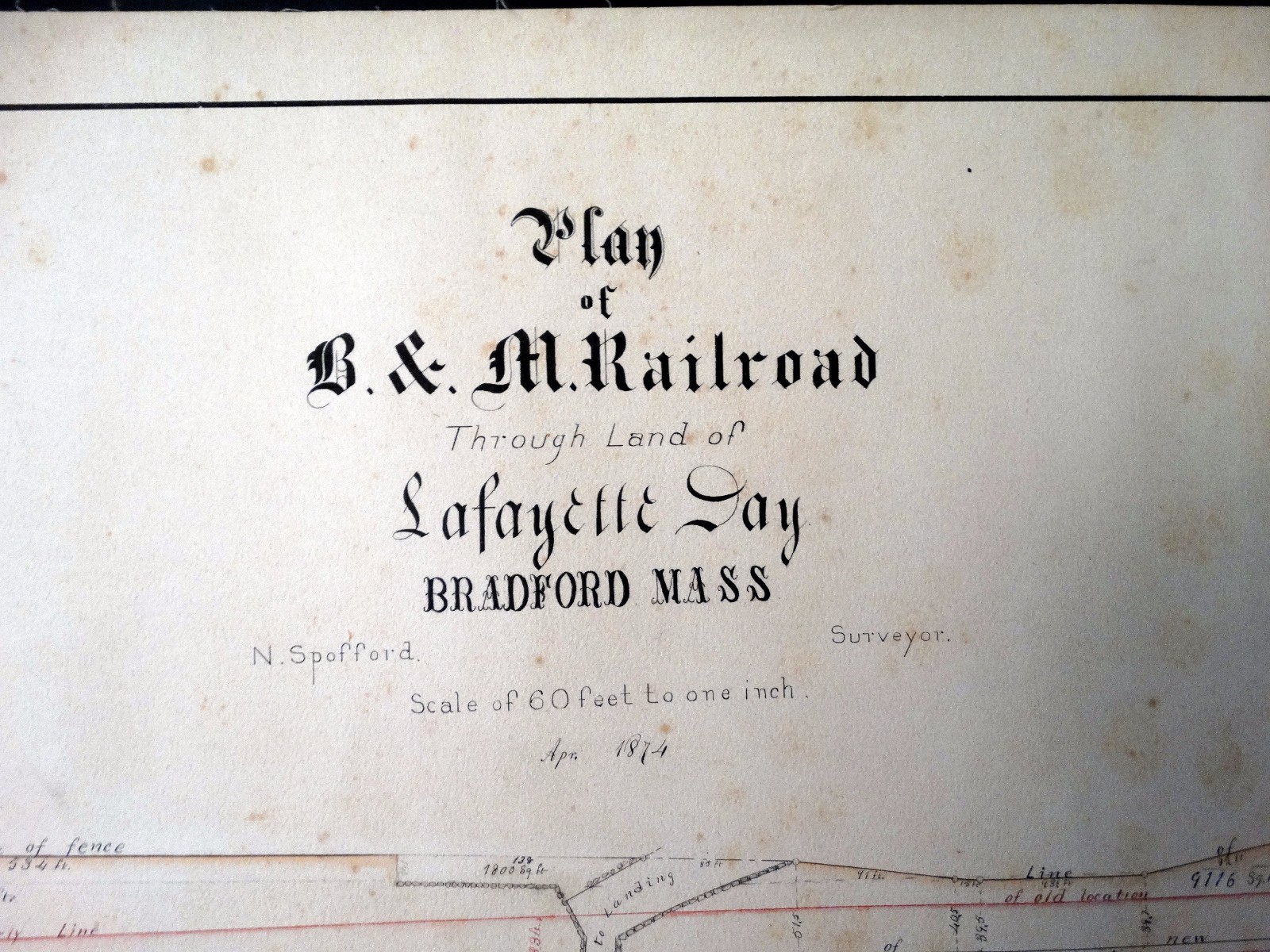 Antique RAILROAD MAP Lot of 2 BRADFORD MA April 1874 B & M Survey Lafayette Day