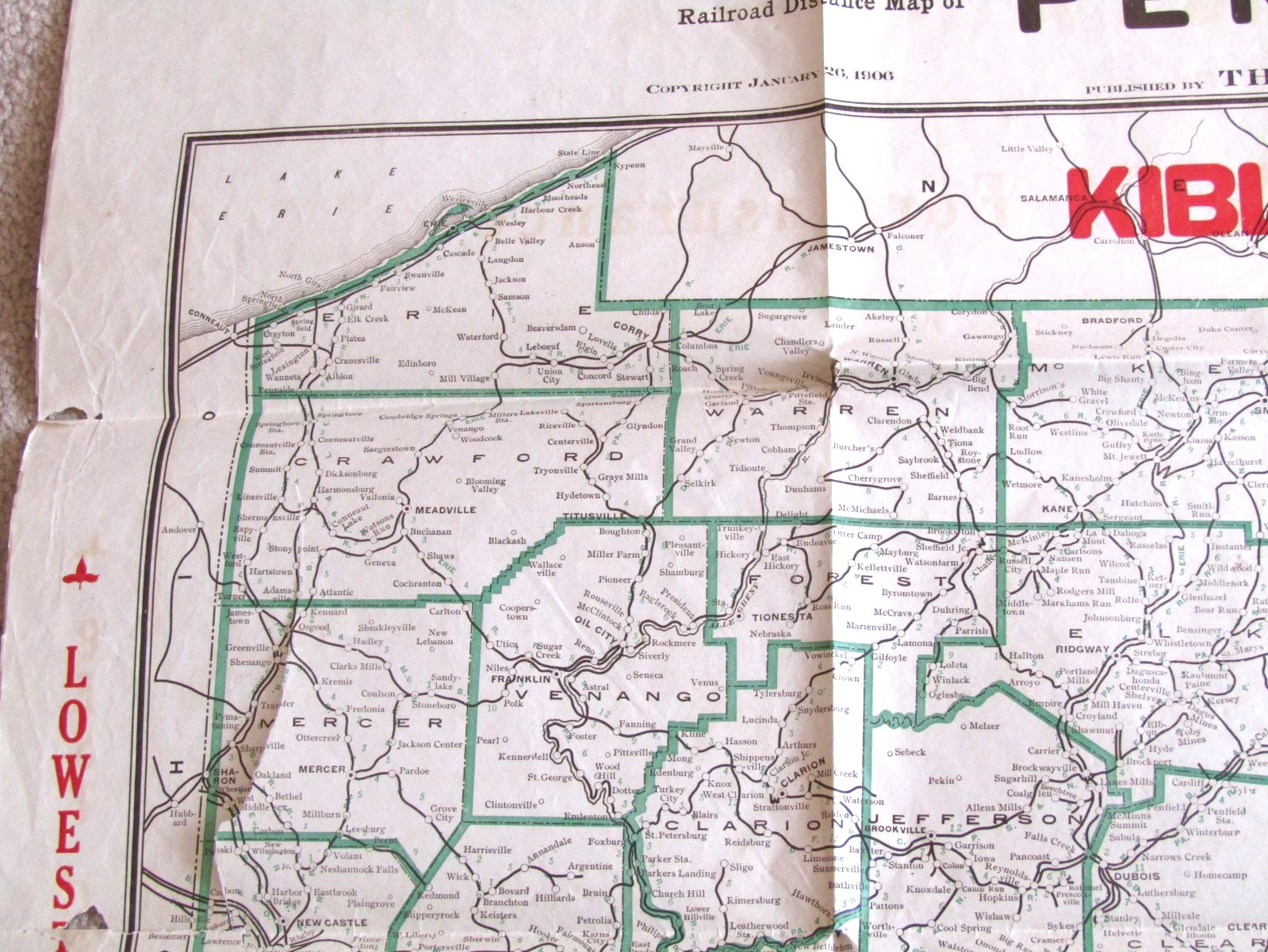 Railroad Distance Map of Pennsylvania Jan 26, 1906 Large 40″ x 27″ Erie, PA