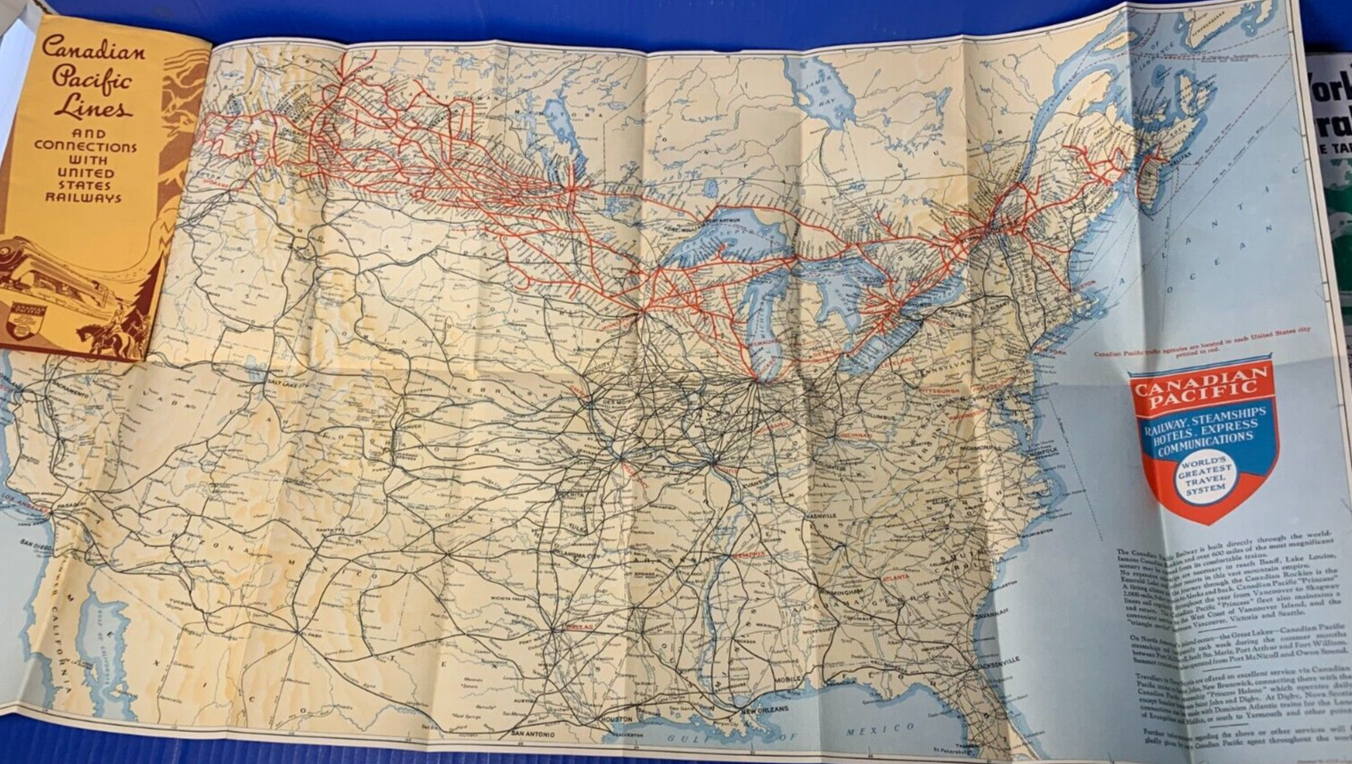 Rare 1939 Canadian Pacific Lines Rail Road Full Size Pull Out Service Map