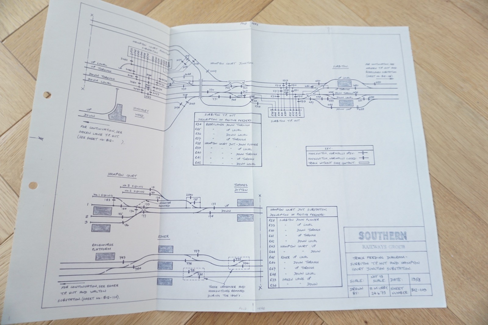 1958 / 1973 Surbiton Hampton Substation Railway Track Plan Map Southern Region