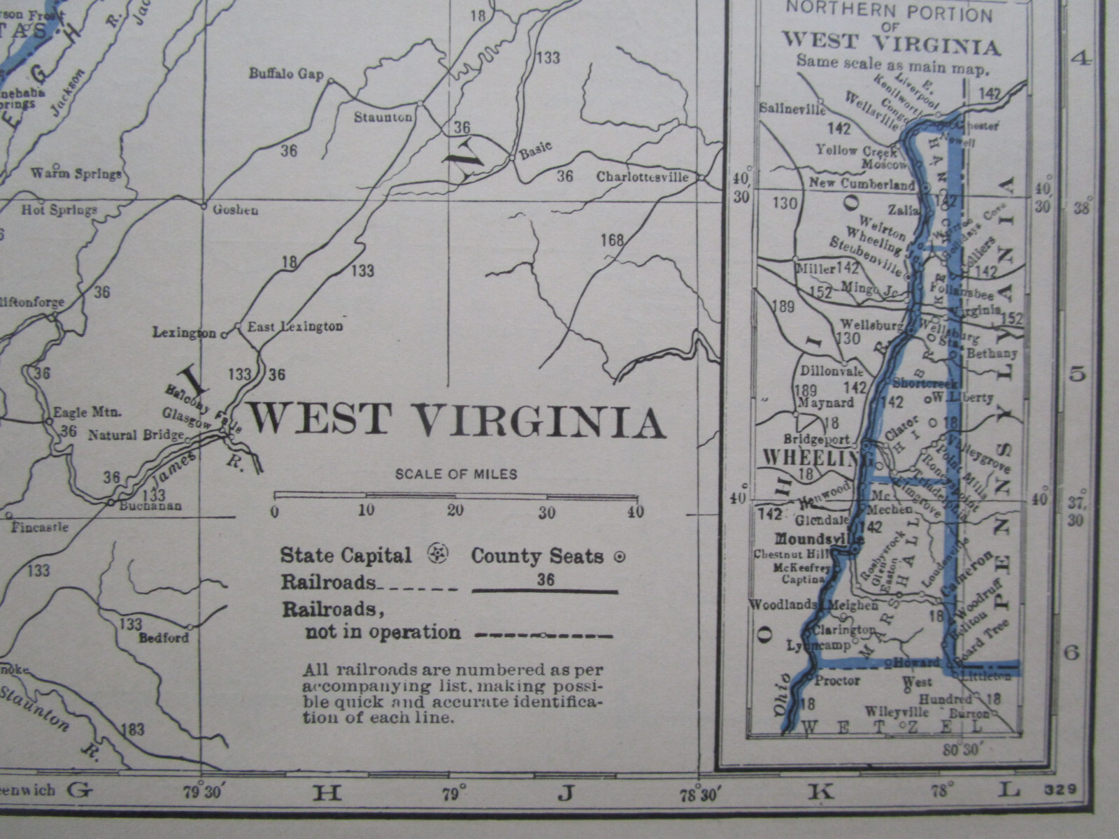 WV WA 1931 WEST VIRGINIA RAILROAD Map WHITE SULPHUR & HUNTERSVILLE or WASHINGTON
