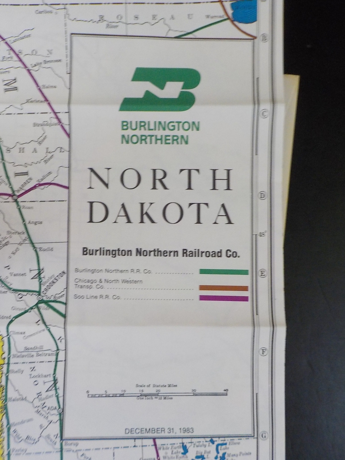 Map Burlington Northern North Dakota State Railroad Map 1983 August