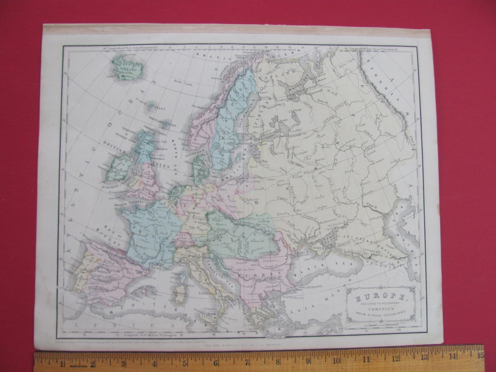 1856 EASTERN EUROPE BRITISH ISLES ASIA COLOR CORNELL’S ATLAS MAP W/ RAILROADS