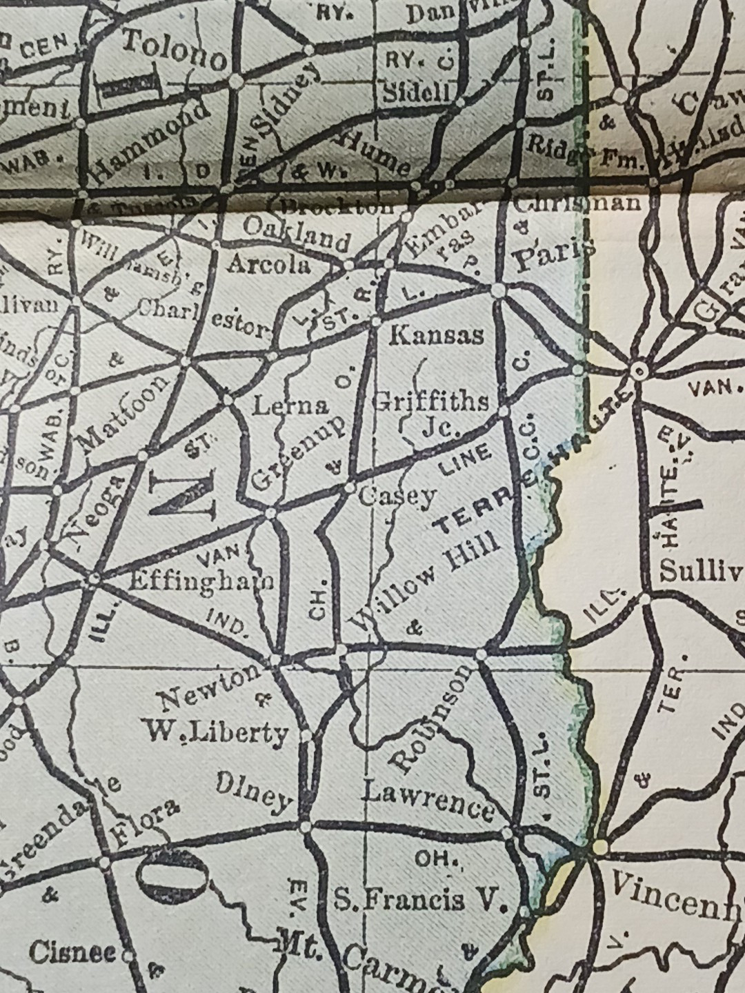 1897 Train Route Map ILLINOIS & INDIANA all Railroad Lines Station Marked 9″x11″