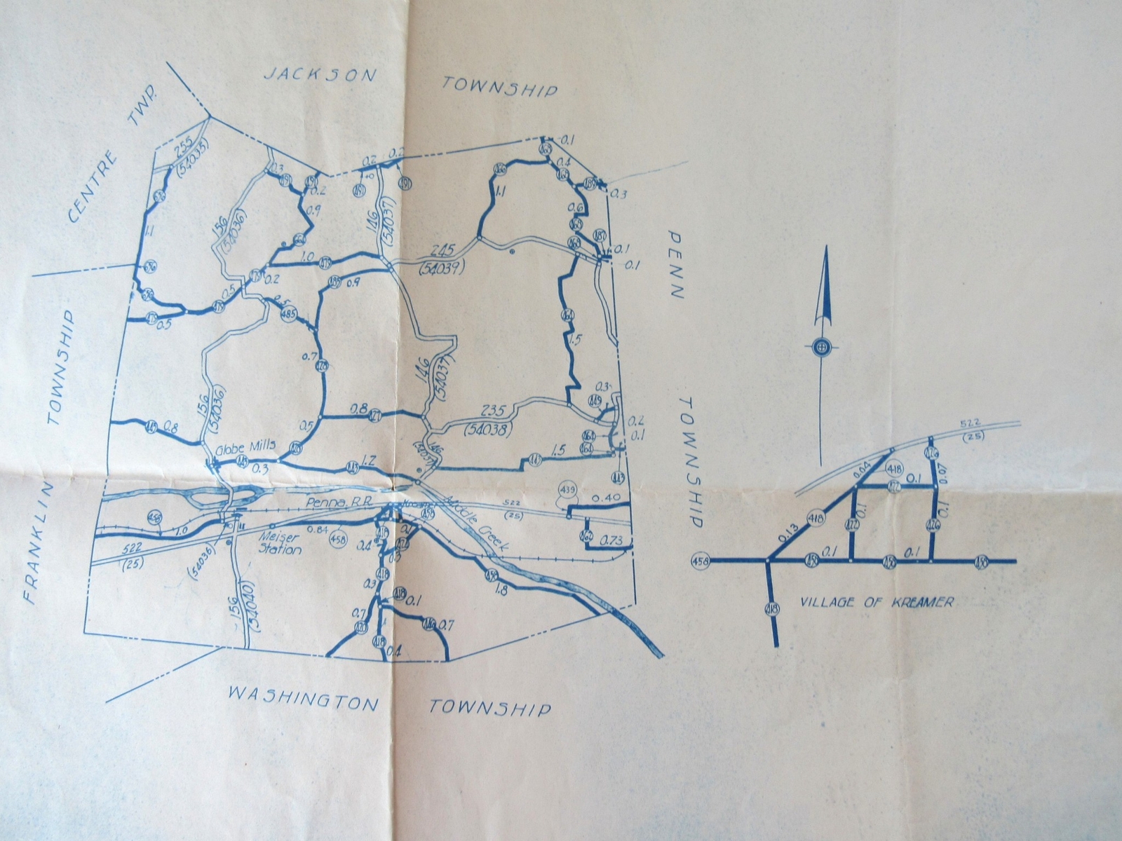 1950 PRR Map Middle Creek Township Kreamer PA Railroad Road Highway Map Route US