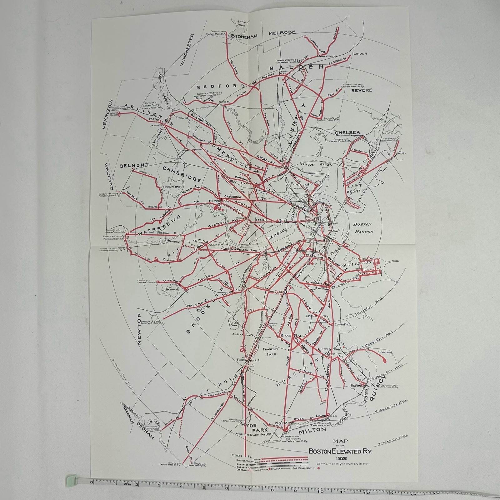 1925 Boston Elevated Railway System Map Walter I. Mather Boston Street Railway