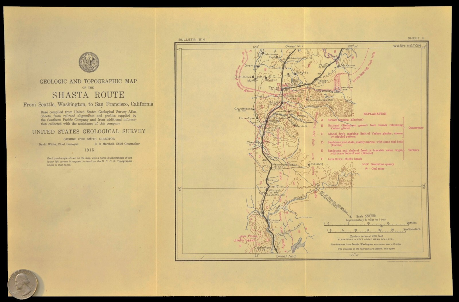 1915 Antique Southern Pacific Railroad Map Wabash Washington Centralia WA