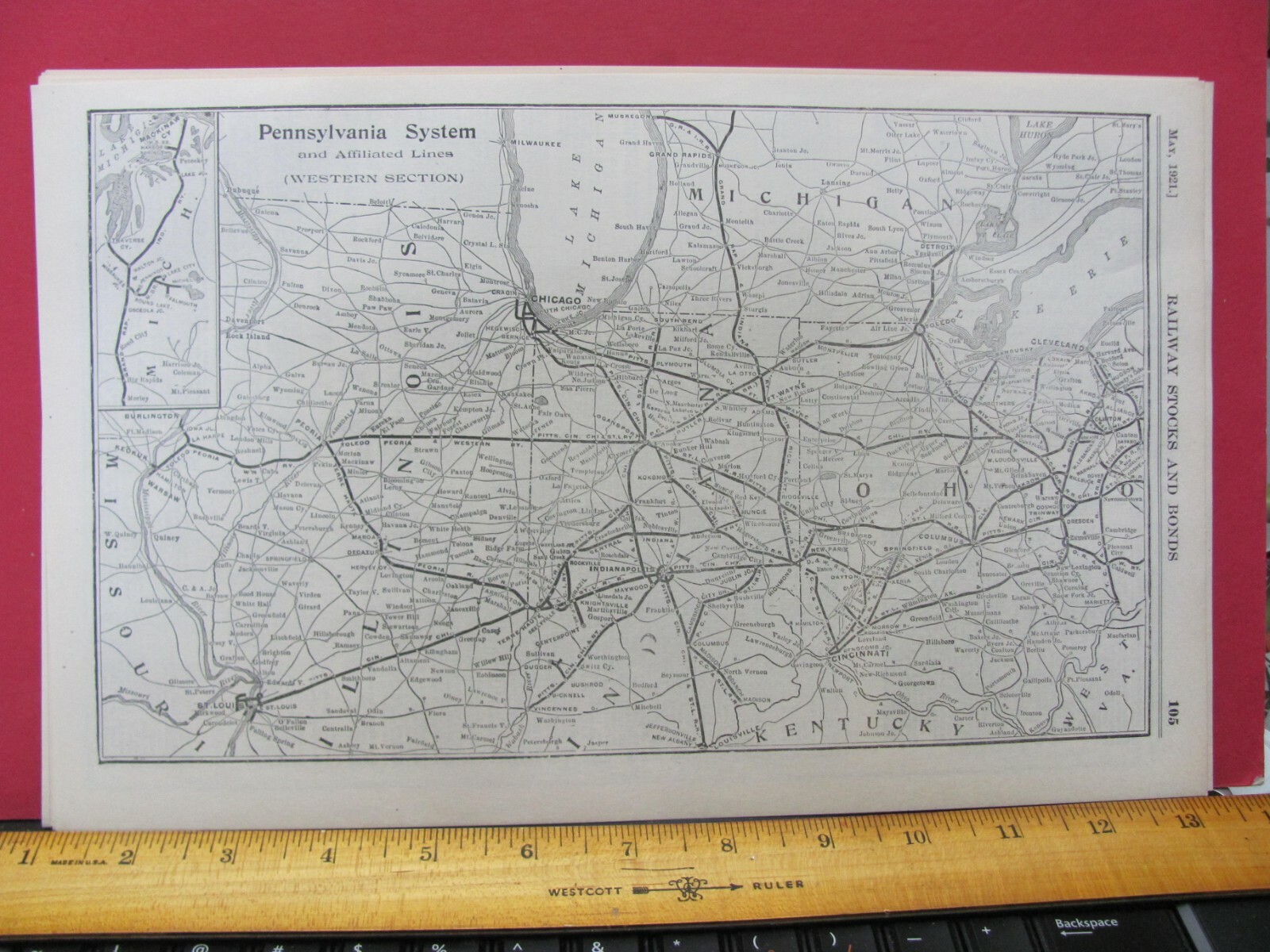 PENNSYLVANIA RAILROAD ORIGINAL 1921 WESTERN SYSTEM MAP PRR ROUTE OHIO INDIANA IL