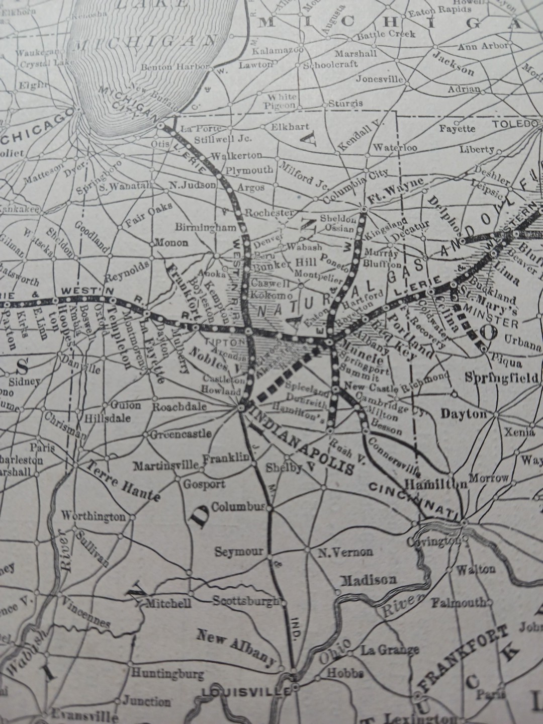 1897 Train Route Map LAKE ERIE & WESTERN RAILROAD with Gas & Oil Fields Marked