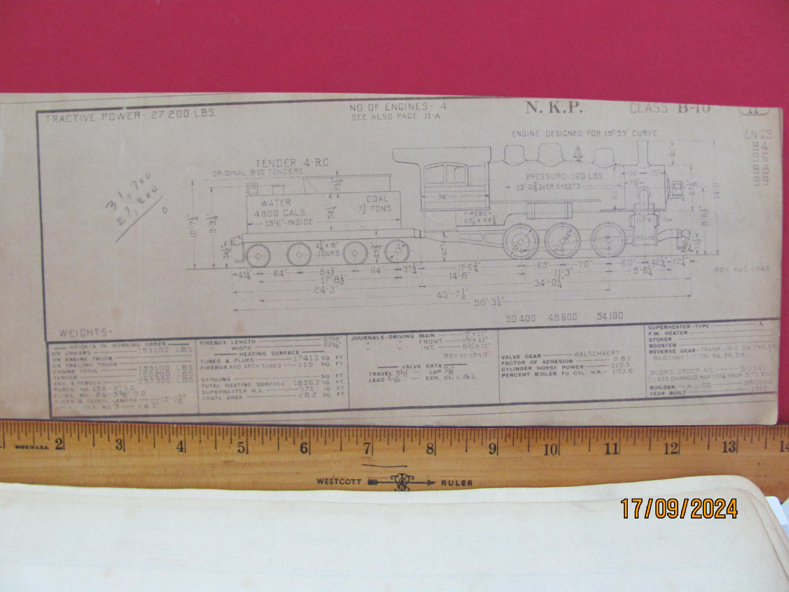NICKLE PLATE ROAD RAILROAD ORIG 1943 DIAGRAM LOCOMOTIVE #94+ CLASS B-10-1 0-6-0