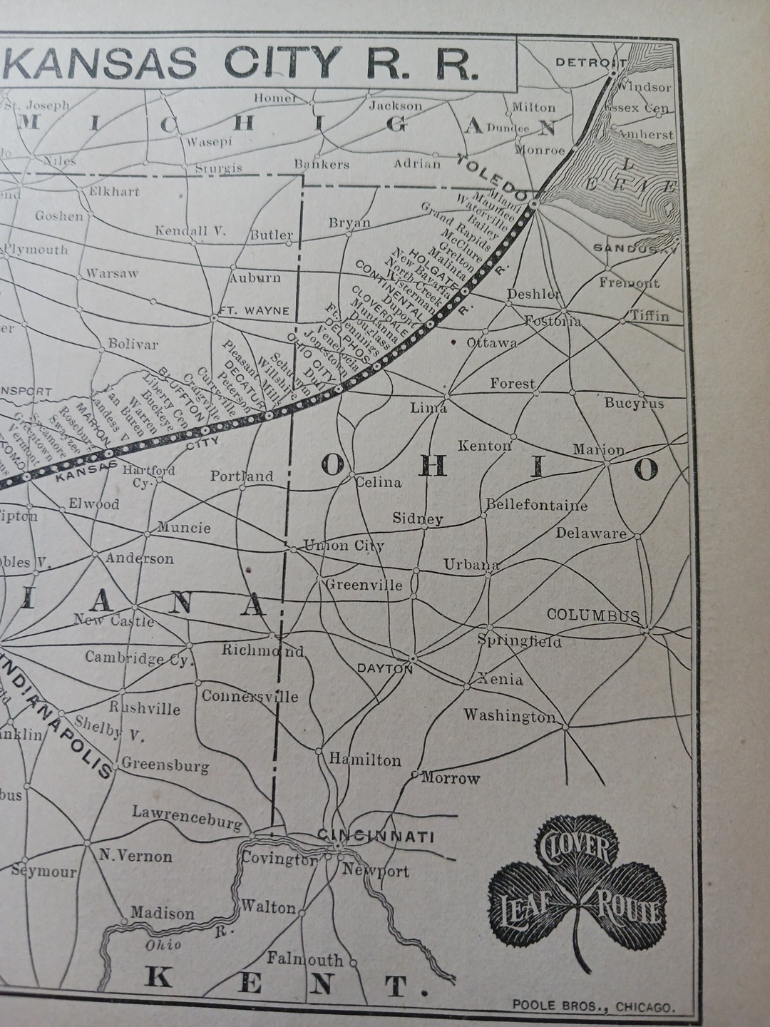 1897 Train Route Map TOLEDO ST LOUIS & KANSAS CITY RAILROAD Clover Leaf Rt OH IL