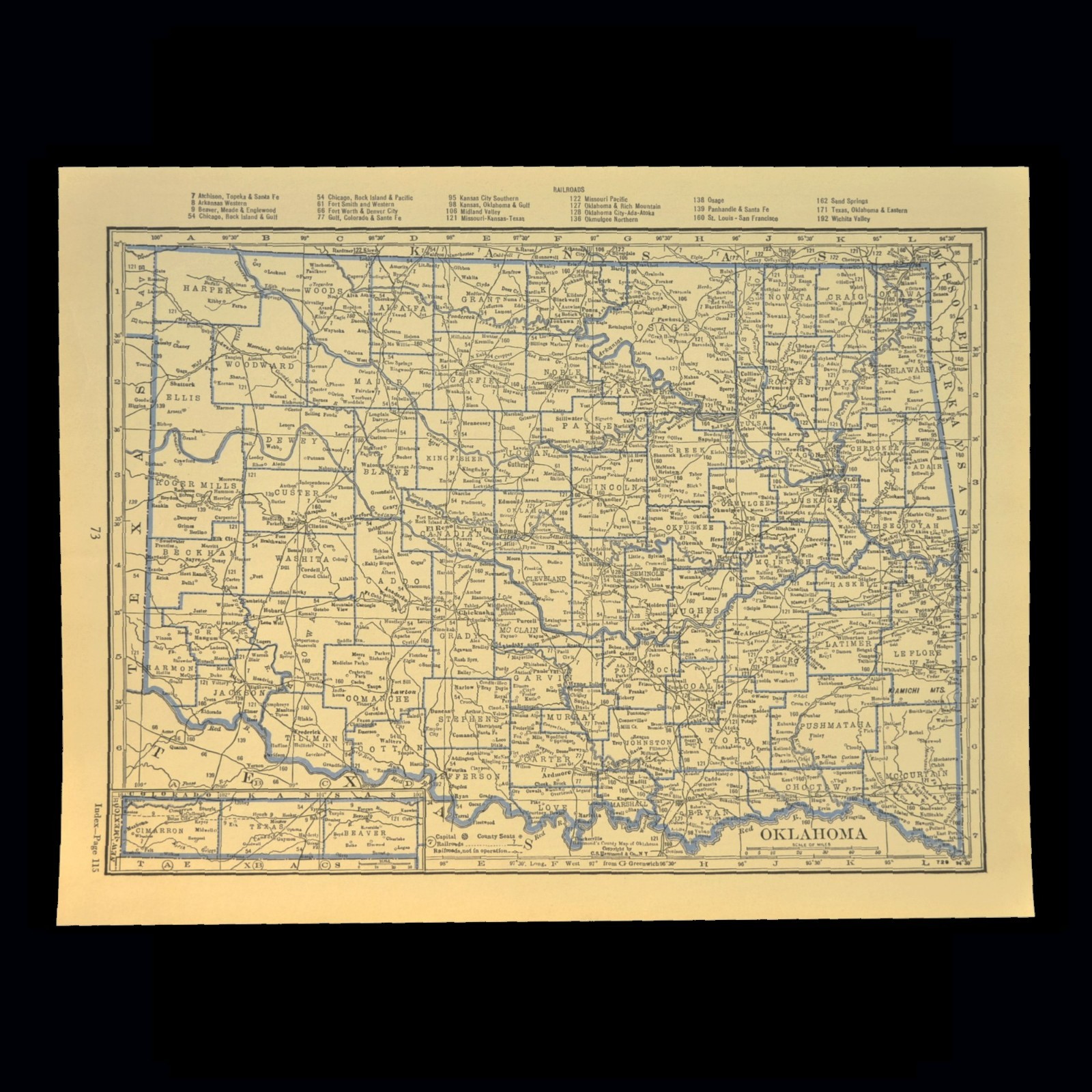ca 1930 OKLAHOMA Railroad Map Depot Towns CRI&P RR Historic Original Atlas Map