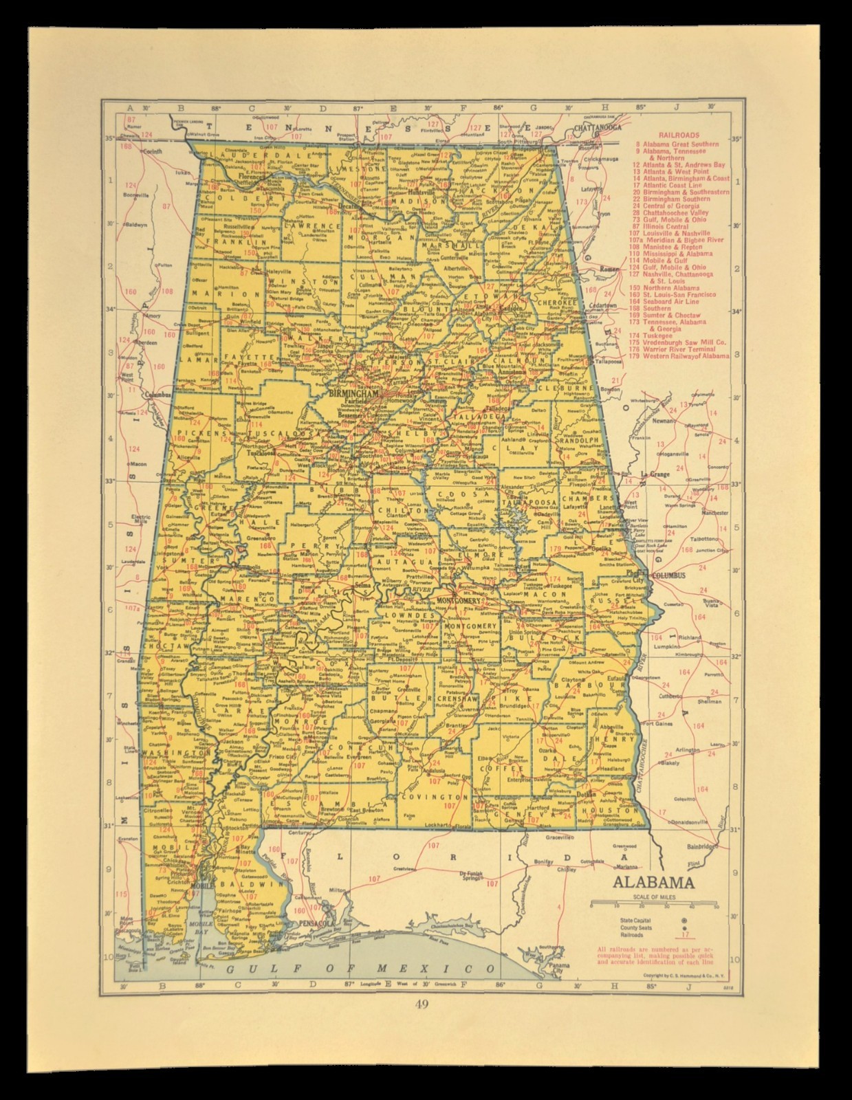 Vintage ALABAMA Map Railroad Depot Towns Birmingham Louisville & Nashville RR