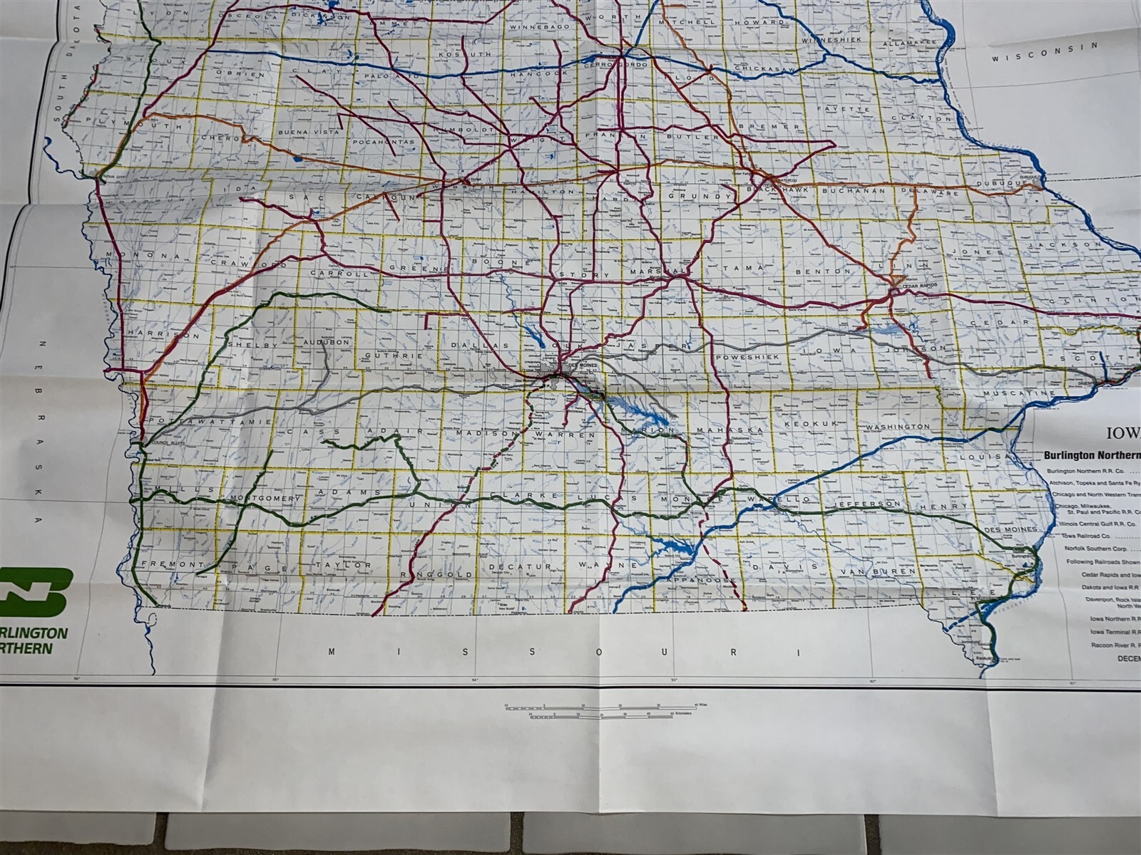 1983 Burlington Northern Railroad Iowa Map 36″ by 25 3/4″