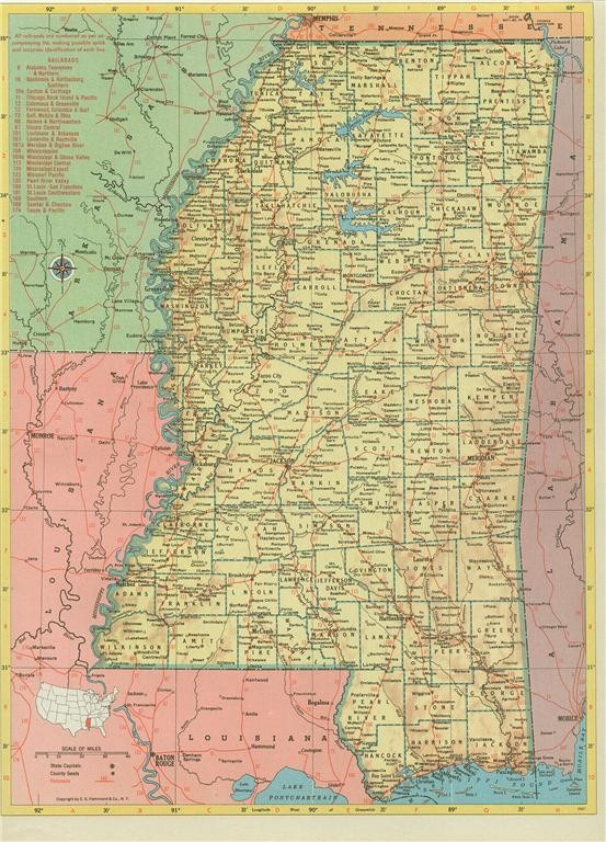 HISTORIC 1952 MISSISSIPPi RAILROAD MAP SHOWS & LIST ALL MS RR’s + MS RR PRINT