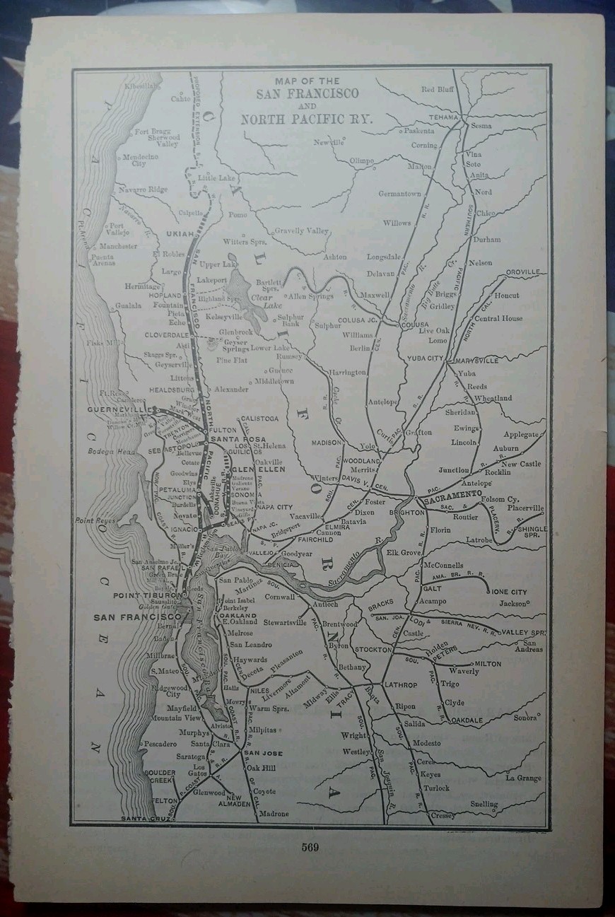 1892 Old Railroad Map SAN FRANCISCO & NORTH PACIFIC RAILWAY Train Line Routes