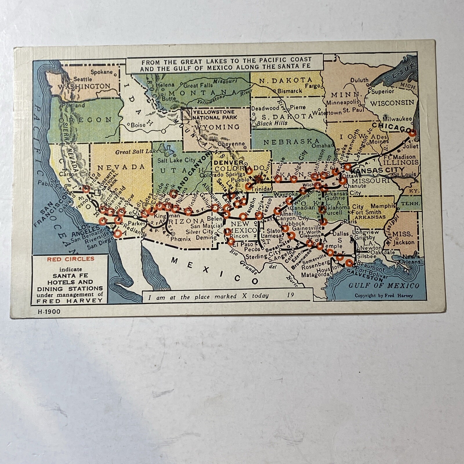 Santa Fe Railroad Map Post Card Great Lakes To Pacific 1936 Stamped