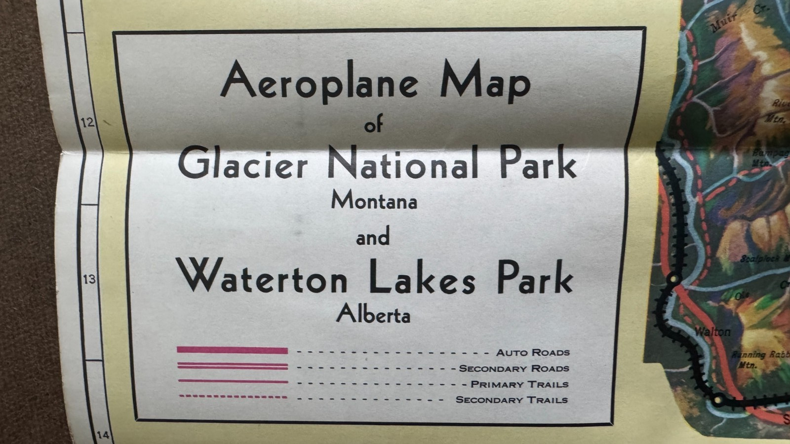 Vintage ca 1930s Great Northern Railway Aeroplane Map of Glacier National Park