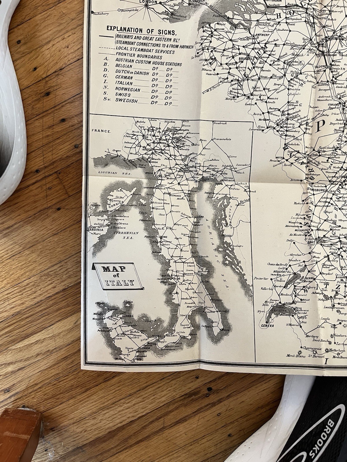 Vintage antique great eastern railway Co. Map Berlin Amsterdam Holland, Germany.