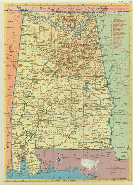 HISTORIC 1952 ALABAMA RAILROAD MAP SHOWS AND LIST ALL RAILROADS + AL RR PRINT