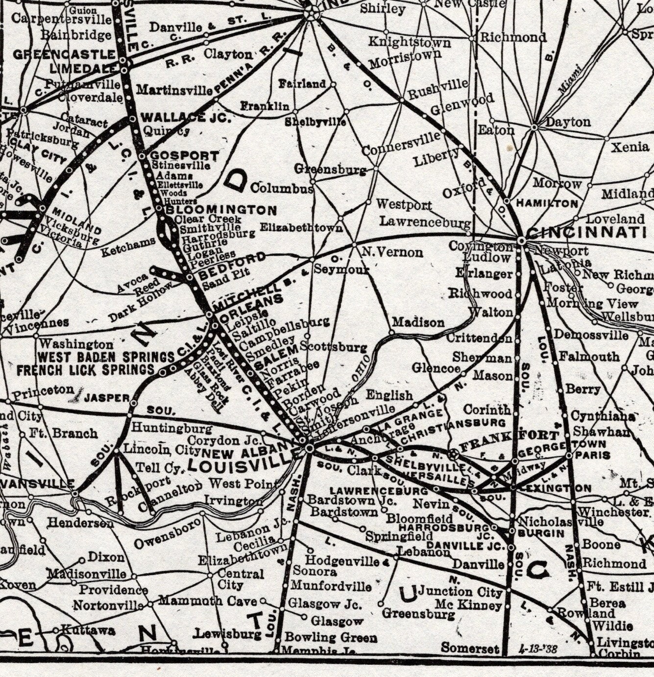 1938 Monon Route Railway Map Chicago Indianapolis Louisville Railway Map 3130