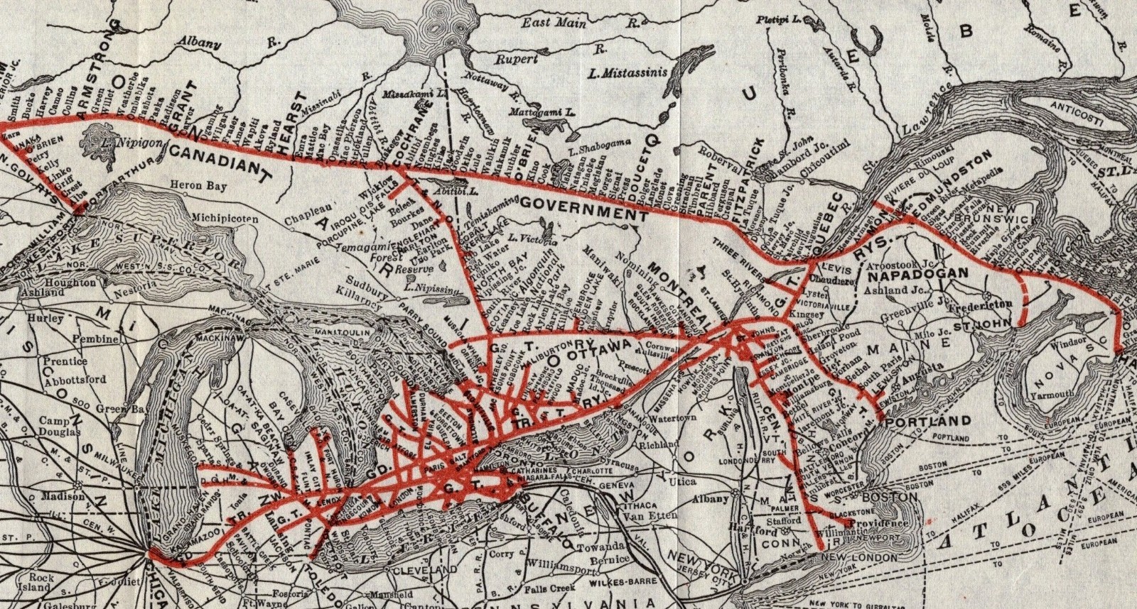 1918 Antique GRAND TRUNK System Railway Map Grand Trunk Pacific Railroad 3049