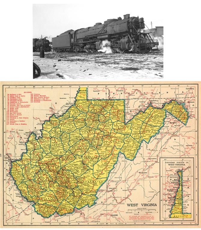 1944 WEST VIRGINIA MAP HISTORY ALL RAILROADS TOWNS CITIES shows RR P&WV PHOTO