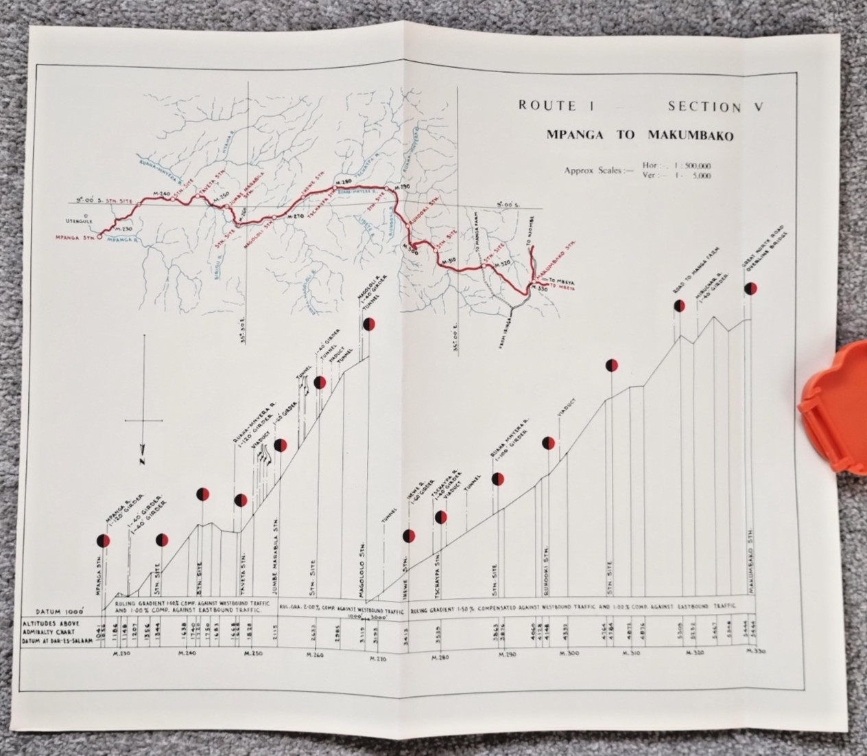 1952 Original East African Railways Map of Route: Mpanga to Makumbako (Tanzania)