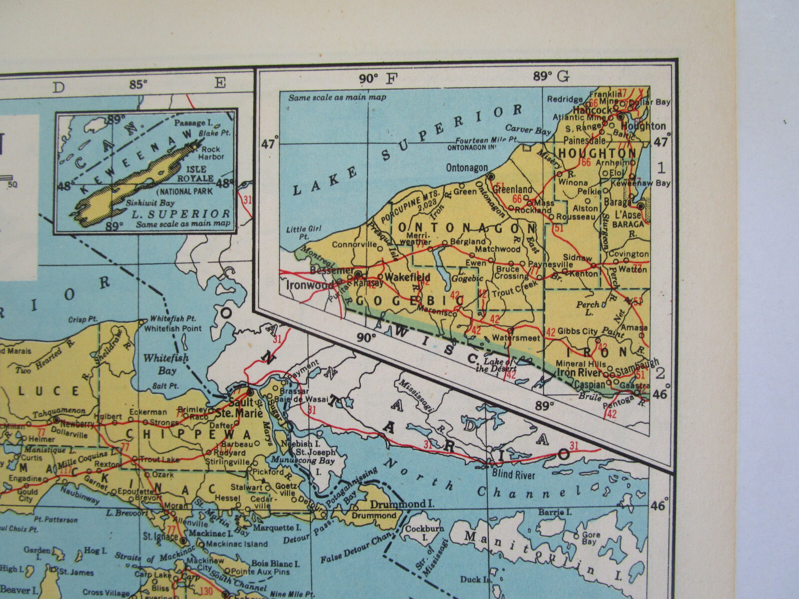 MN MI 1948 MINNESOTA RAILROAD Map. DULUTH & NORTHEASTERN RR ~or~ MICHIGAN