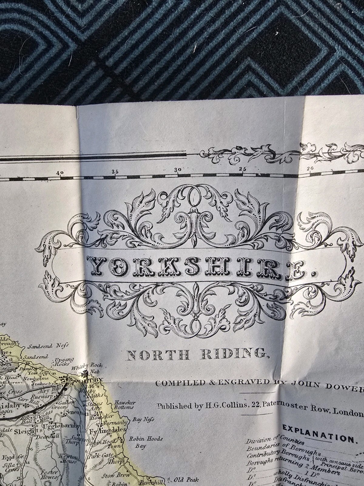 Collins Map Yorkshire North Riding c1855 Railways John Dower Victorian Folding