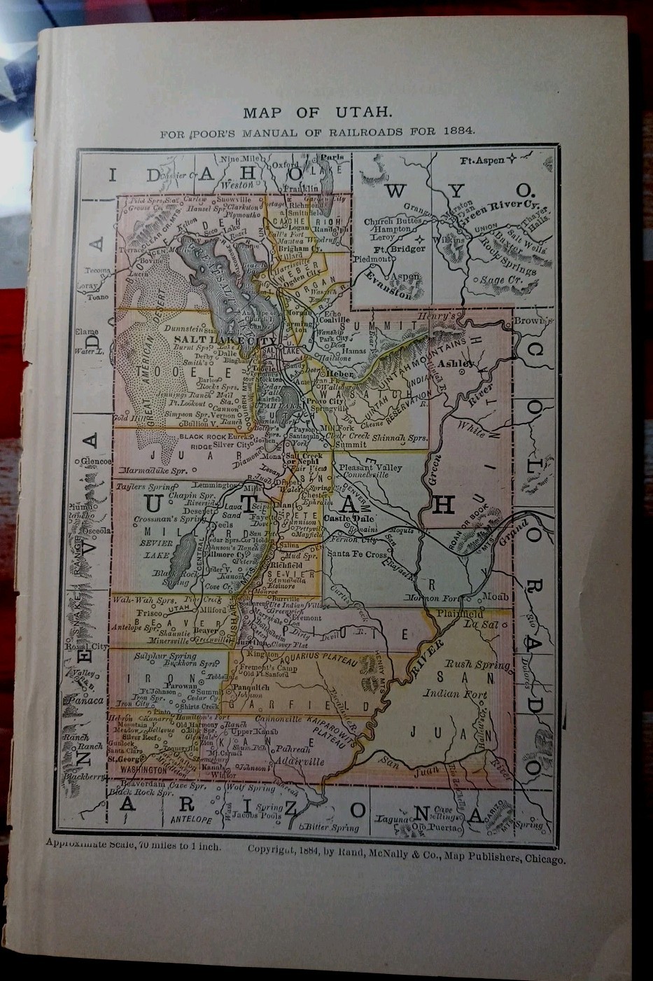 1884 vintage Railroad Map UTAH TERRITORY Train Line Routes Railway Town Stations