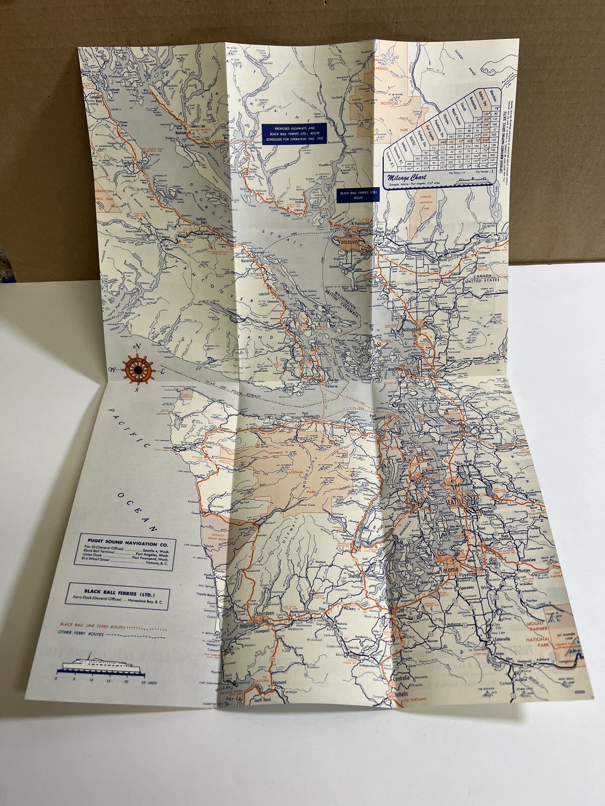Vintage 1950’s Map Puget Sound Victoria & Vancouver Island Black Ball Line