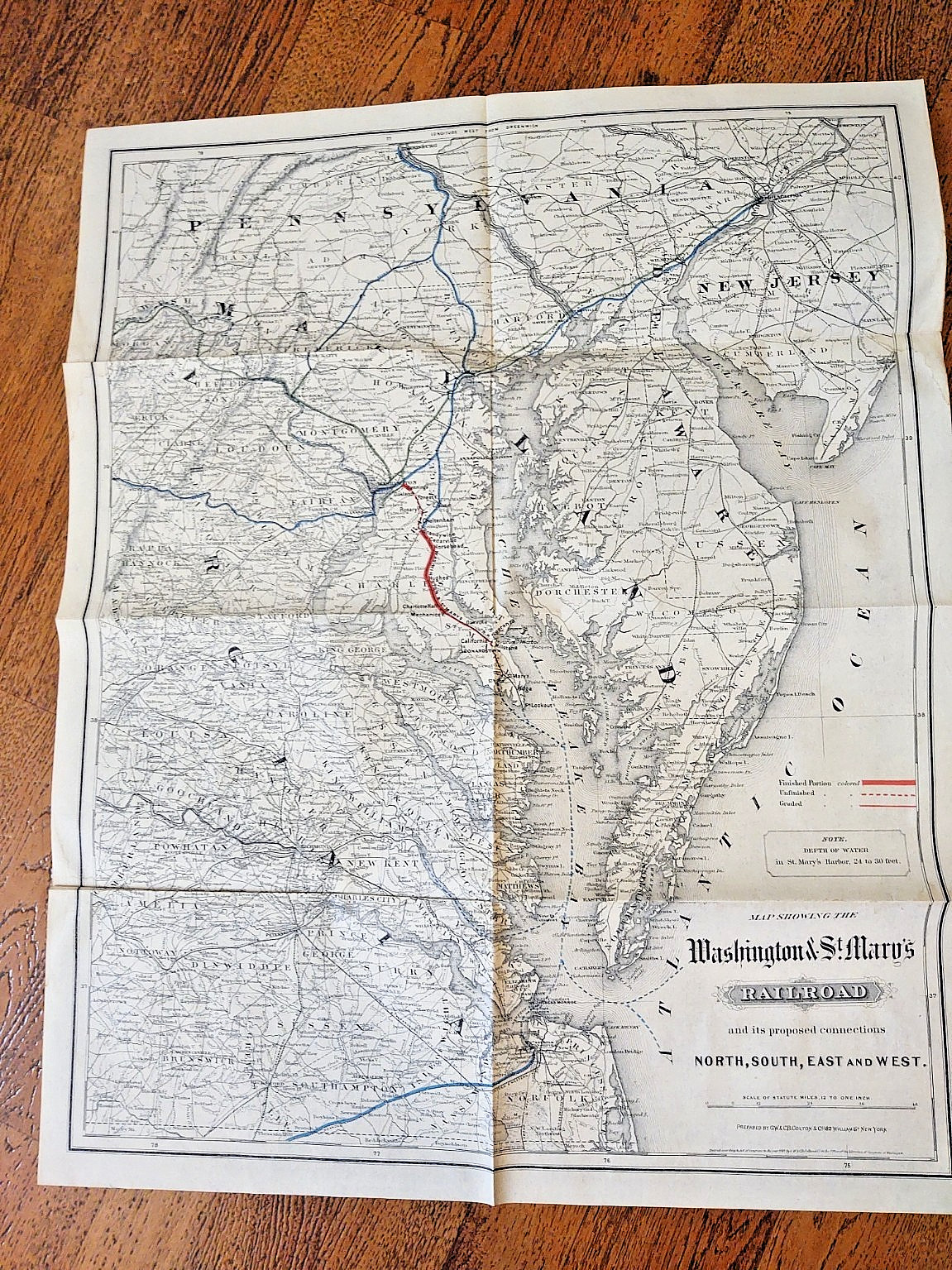 RARE Antique ORIGINAL Washington & St. Mary’s Railroad map 1887 G.W & C.B Colton