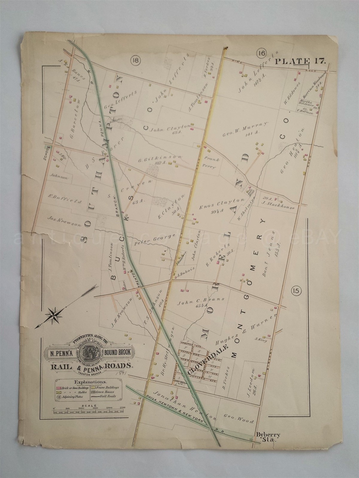 1890s antique PA BOUND BROOK RAILROAD MAP trenton div PHILA NEWTOWN NY RR PLATT