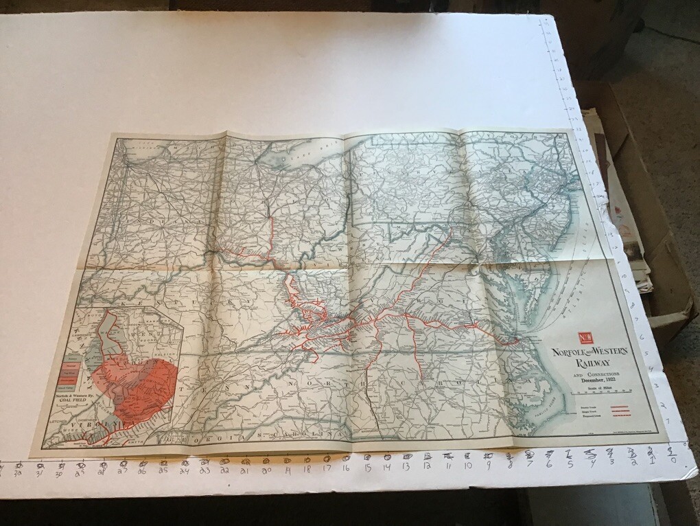 vintage railroad map: 22×32″ NORFOLK & WESTERN Railway 1922
