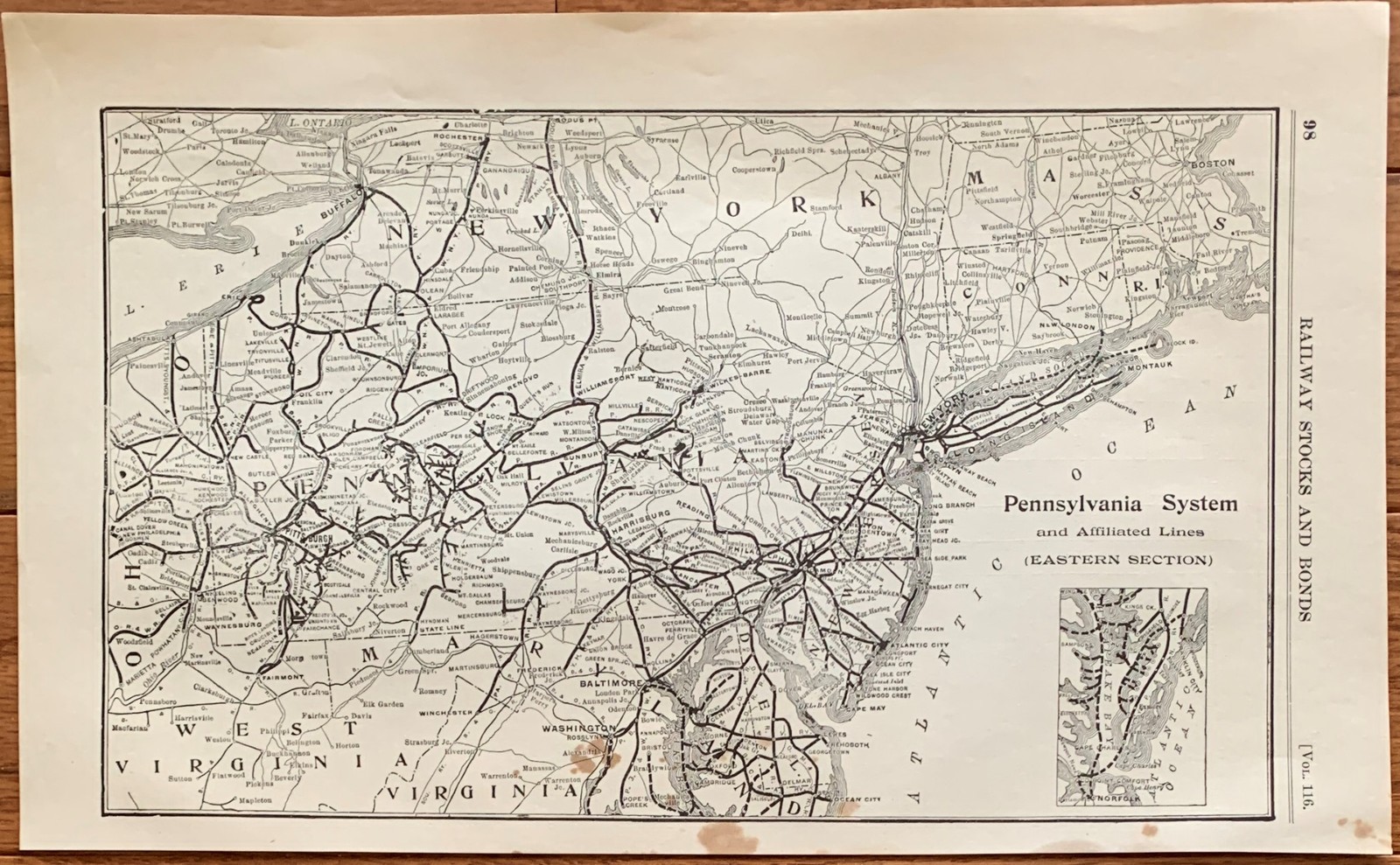 1923 Antique PENNSYLVANIA SYSTEM EASTERN SECTION Map Vintage RAILWAY Map