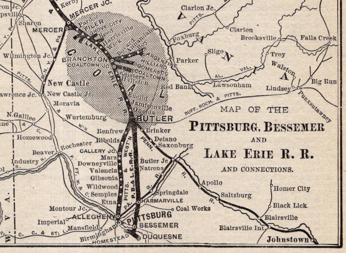 1900 Antique Pittsburg Bessemer & Lake Erie Railroad Map Vintage Railway 2898