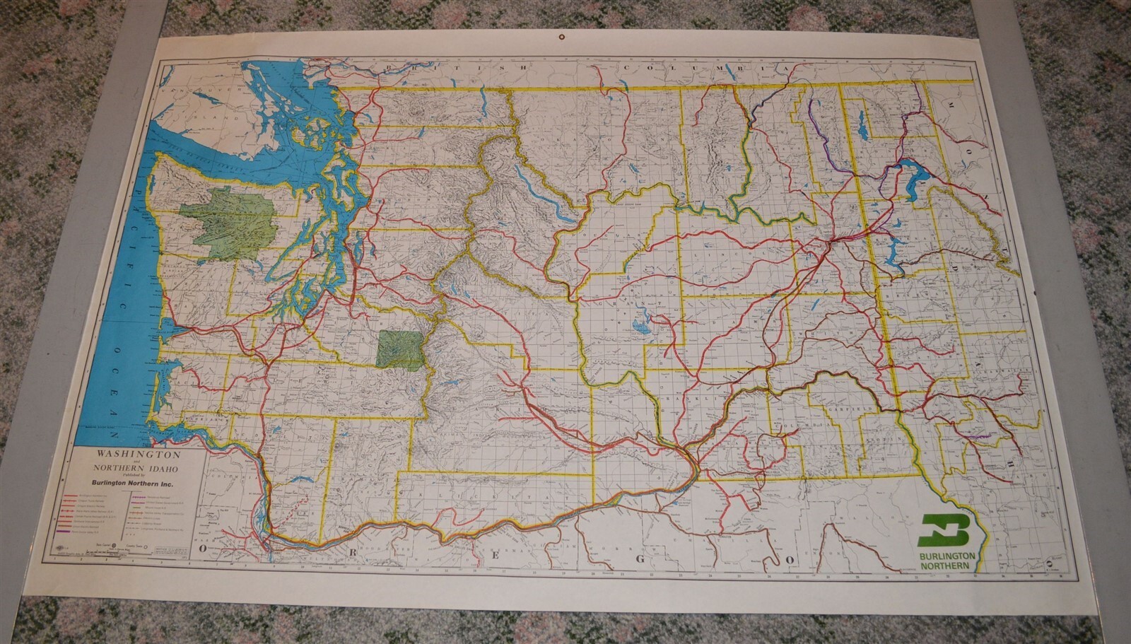 Large 1974 Burlington Northern Railroad Washington N. Idaho Map Poster NO FOLDS