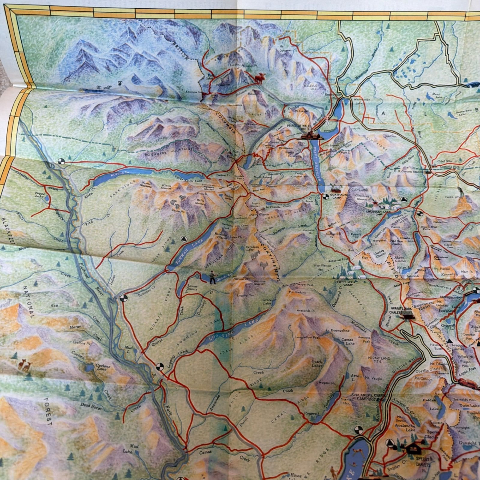 Vintage 1939 Great Northern Railway Pictorial Map Glacier National Park Waterton