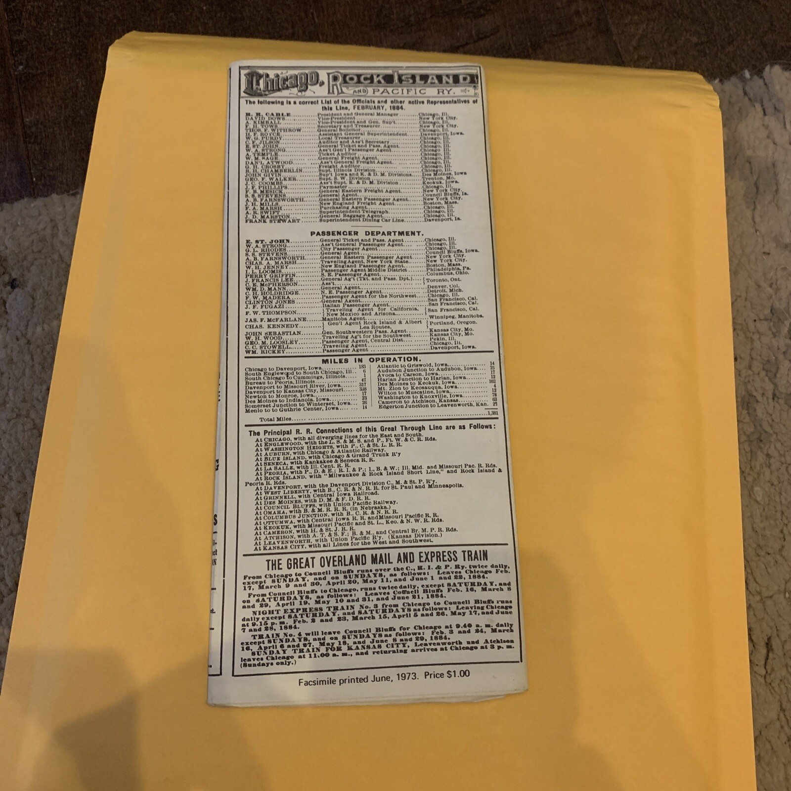 Rock Island Railroad Map – 1979 Reprint of 1884 Edition